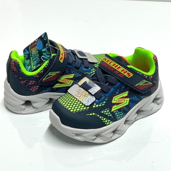 Skechers S-Lights Toddler 6 Light Up Boys Shoes Navy Neon Hook Loop Sneakers NEW - Picture 2 of 13